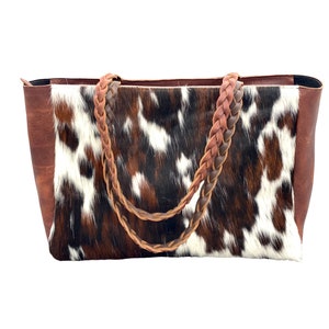 Bolso de mano exclusivo de piel de vaca, bolso de gran tamaño para viajes y compras, bolso de cuero marrón para computadora para el trabajo, la escuela, bolso de compras grande
