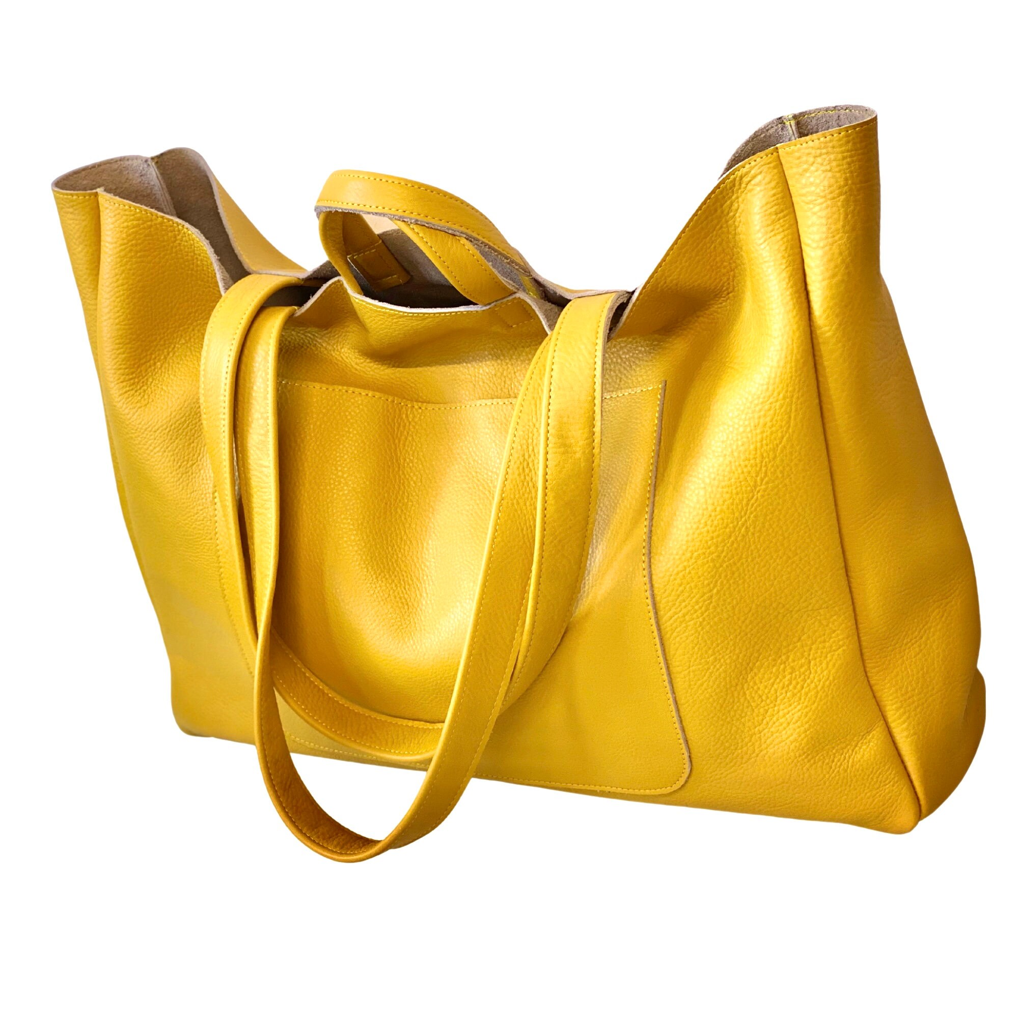 Oversized yellow leather tote bag 24x 15 Work and travel Etsy