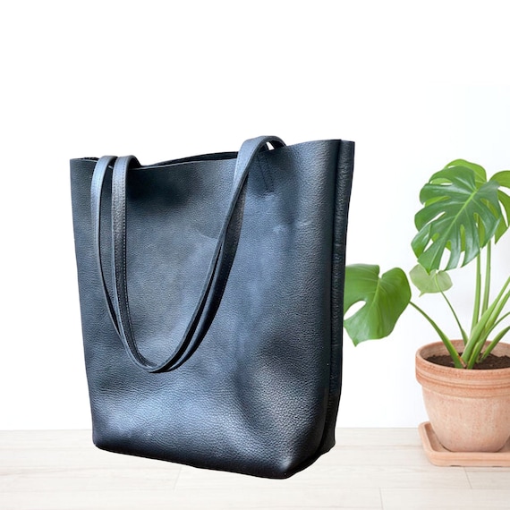 Tall Black Leather Tote Work and Travel Leather Bag Leather