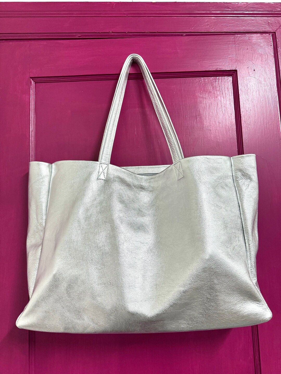 Extra Large Silver Leather Tote Bag: Handmade Oversized Work