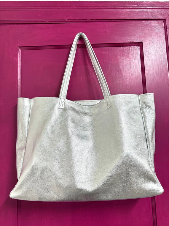 Extra Large Silver Leather Tote Bag: Handmade Oversized Work Bag