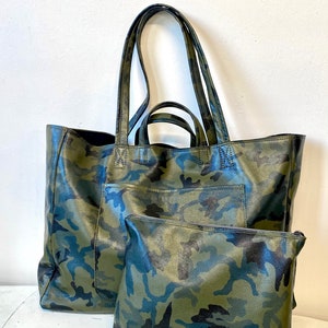 Extra Large Camo Leather Tote Bag 19x 15x 5 With Cotton Lining, Work ...