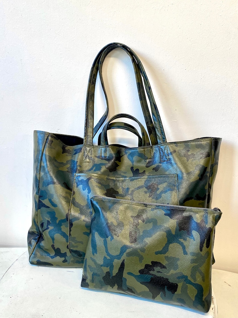 Extra Large Camo Leather Tote Bag 19x 15x 5 With Cotton Etsy