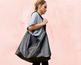 Oversized black leather hobo bag with zipper option, Oversized shoulder bag, Work and school leather handbag, Beach and travel bag