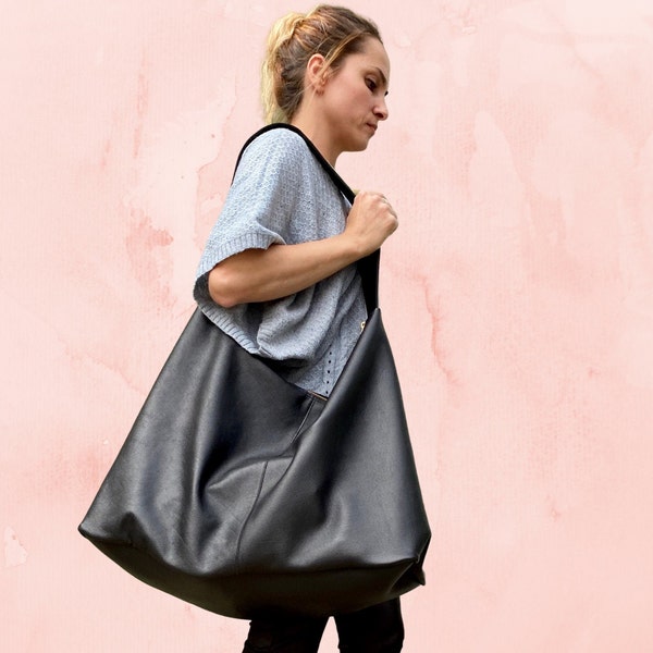 Sac hobo surdimensionné en cuir noir avec option de fermeture à glissière, sac à bandoulière surdimensionné, sac à main en cuir pour le travail et l'école, sac de plage et de voyage