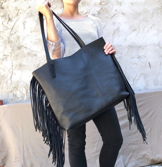 Large Black Leather Bag With Fringe, Oversize Work Travel Leather