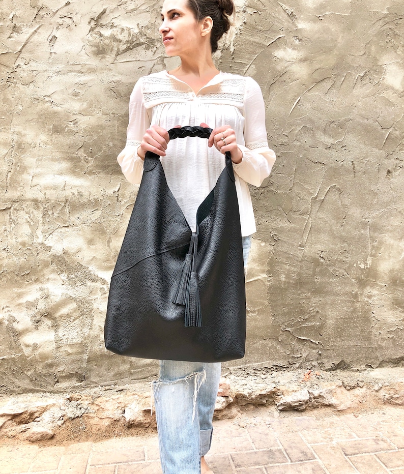 Leather hobo bag, Overnight bag, Slouchy large shoulder bag for work and travel, Large Leather Shopper image 8