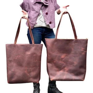 Bolso grande de cuero marrón alto para trabajo y viaje, bolso de cuero para computadora con cremallera de latón, bolso de comprador de cuero, bolso de cuero resistente