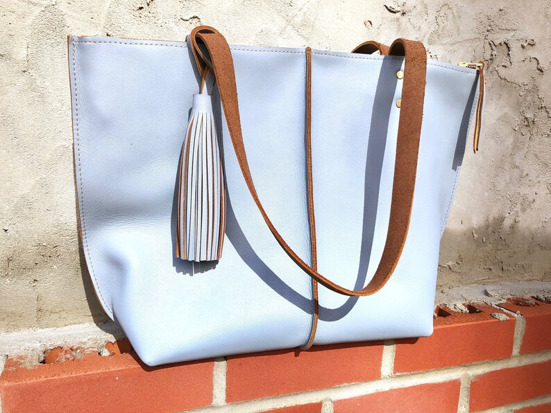 light blue leather tote
