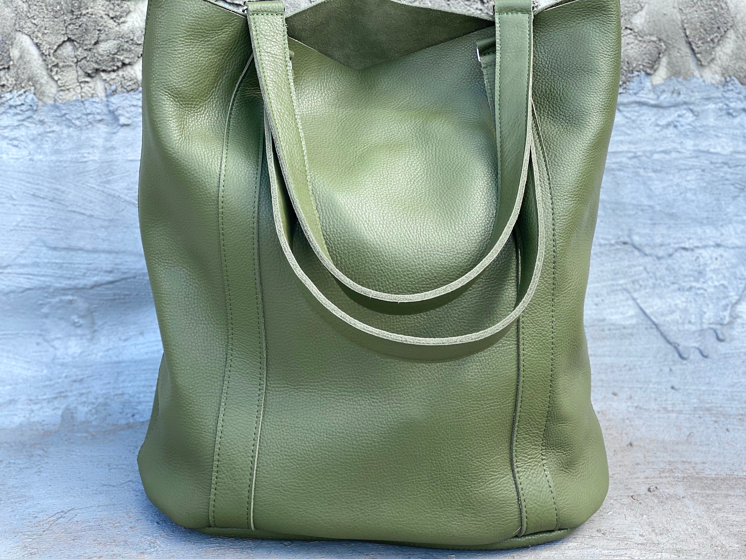 Large olive green leather tote bag Tall work and travel Etsy