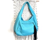 Buttery soft sky blue hobo bag with zipped pocket , medium size leather hobo bag with top snap 16 W x 12 H , Work and travel summer bag