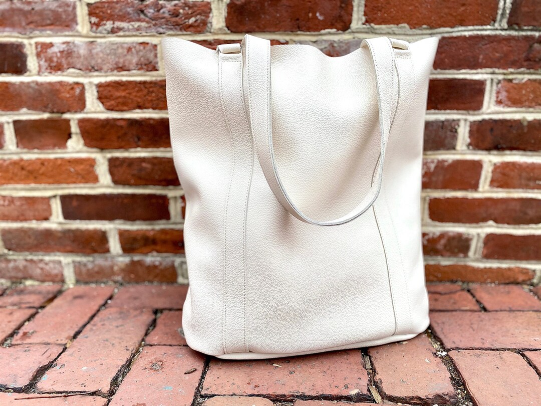 Large White Leather Tote Bag, Tall Work and Travel Computer Bag, Large