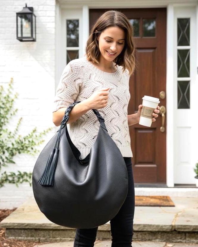 Black Leather Hobo Bag: Large Shoulder Bag With Braided  display picture 1