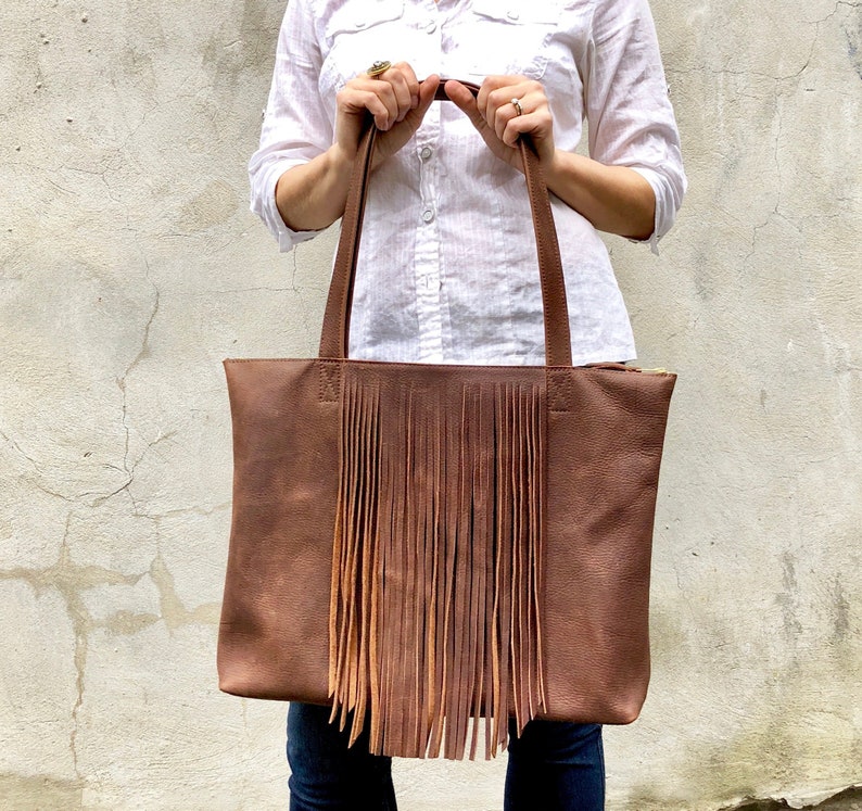 Leather tote with fringe, Sturdy Shopper Travel bag Leather office bag, school tote zipper, Large laptop computer leather tote image 3