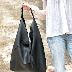 Leather hobo bag, Overnight bag, Slouchy large shoulder bag for work and travel, Large Leather Shopper image 9