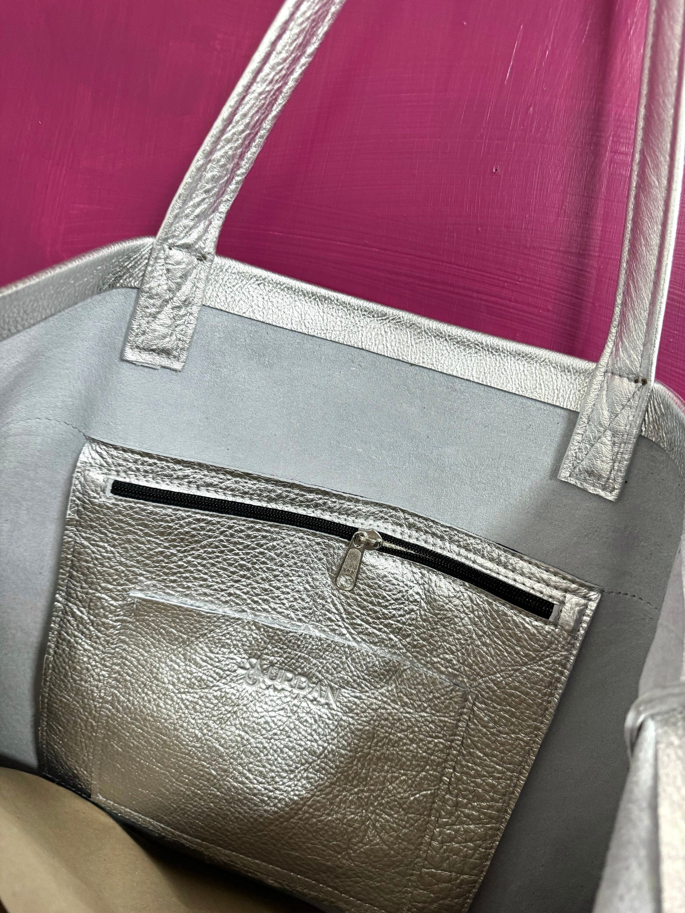 Extra Large Silver Leather Tote Bag: Handmade Oversized Work Bag