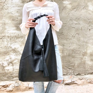 Leather hobo bag, Overnight bag, Slouchy large shoulder bag for work and travel, Large Leather Shopper image 7