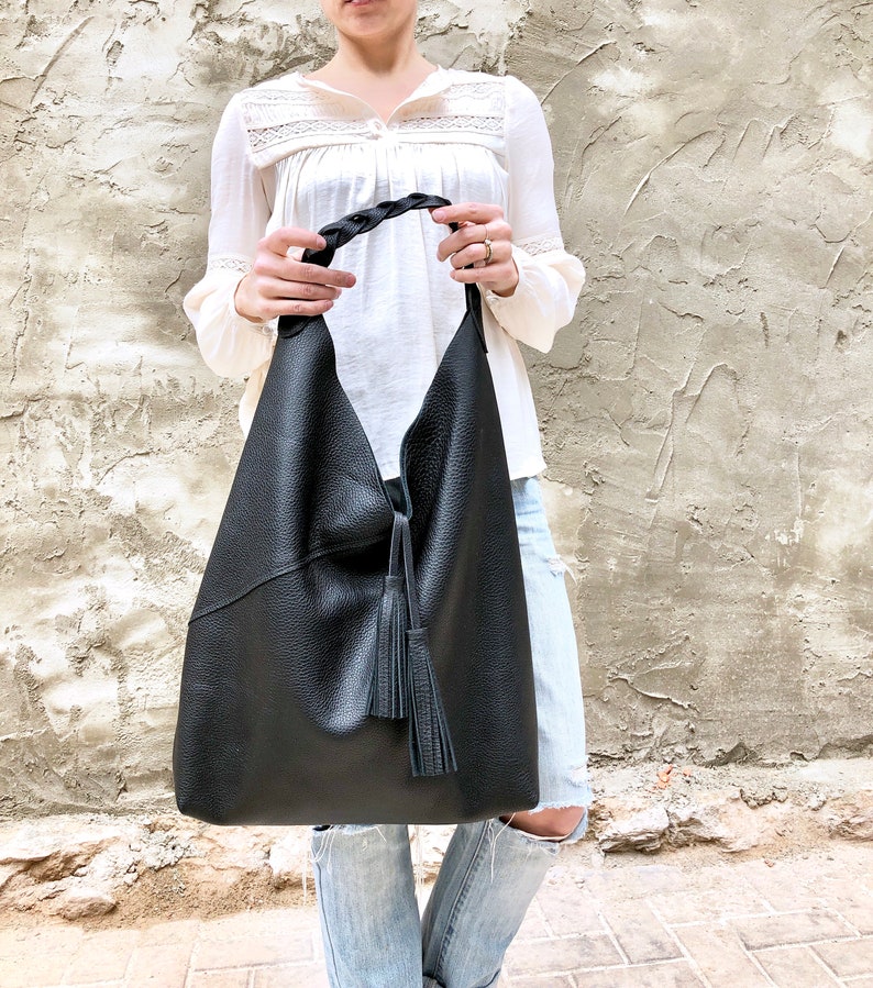 Leather hobo bag, Overnight bag, Slouchy large shoulder bag for work and travel, Large Leather Shopper image 7