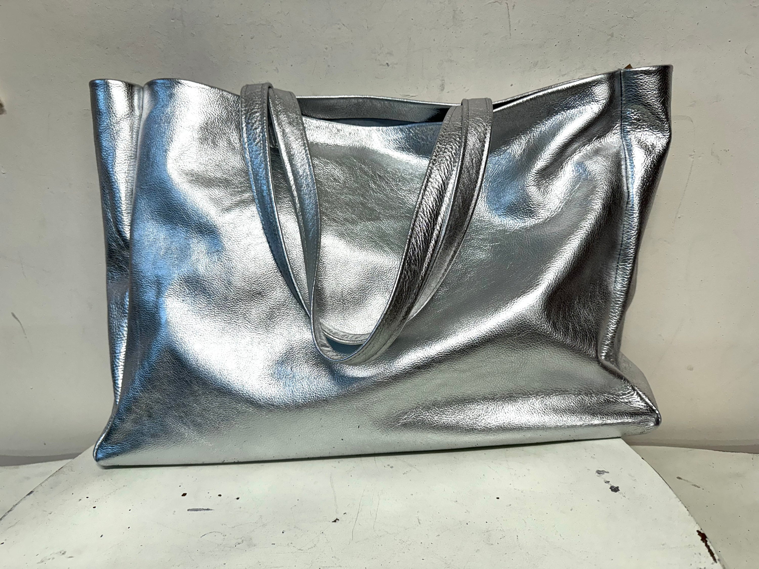 Extra Large Silver Leather Tote Bag: Handmade Oversized Work Bag