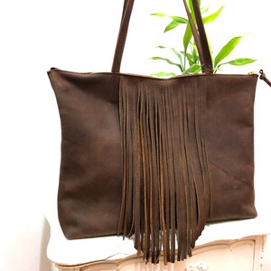 Leather tote with fringe, Sturdy Shopper Travel bag Leather office bag, school tote zipper, Large laptop computer leather tote image 5