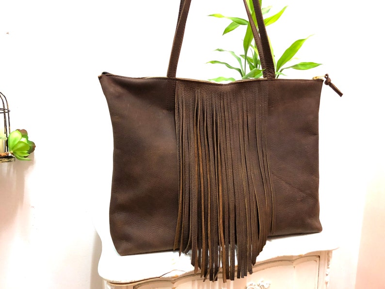 Leather tote with fringe, Sturdy Shopper Travel bag Leather office bag, school tote zipper, Large laptop computer leather tote image 5