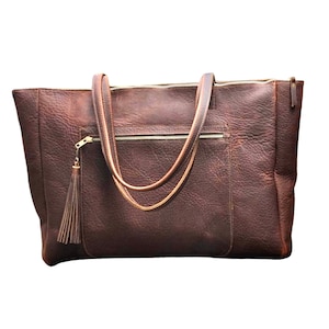 Bolso grande de cuero con bolsillo frontal de 21” x 13”, bolso de viaje de cuero de gran tamaño, bolso de cuero de gran tamaño para fin de semana, bolso para computadora portátil de cuero marrón
