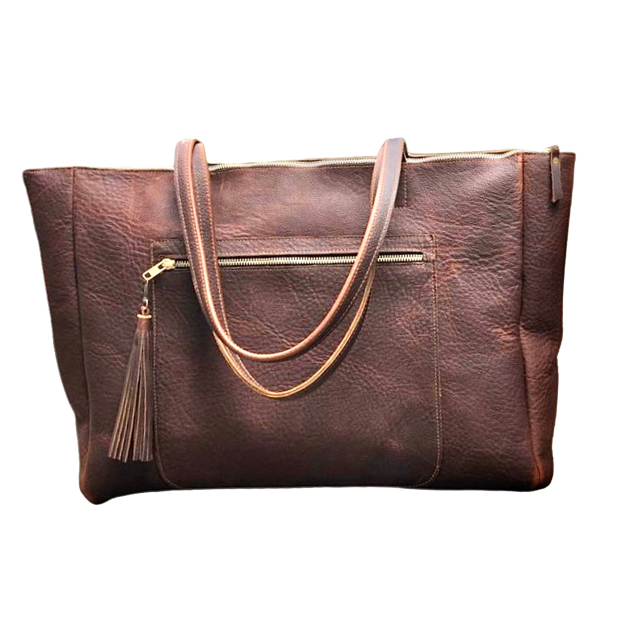 ★OVHEE★ Move Shopper Bag Brown Front Pocket Large Leather Tote 21”x 13”, Oversized Leather