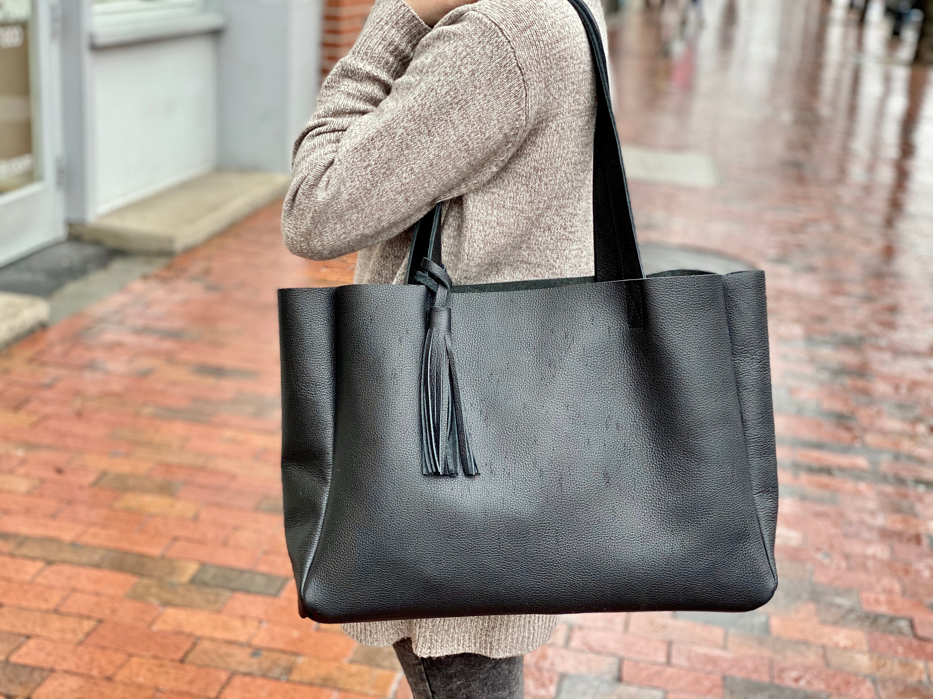 Large Black Leather Tote Bag With Tassel 22” X 13” Oversized