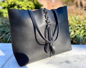 Black Leather Tote Bag: Braided Detail, Work & Travel Handbag