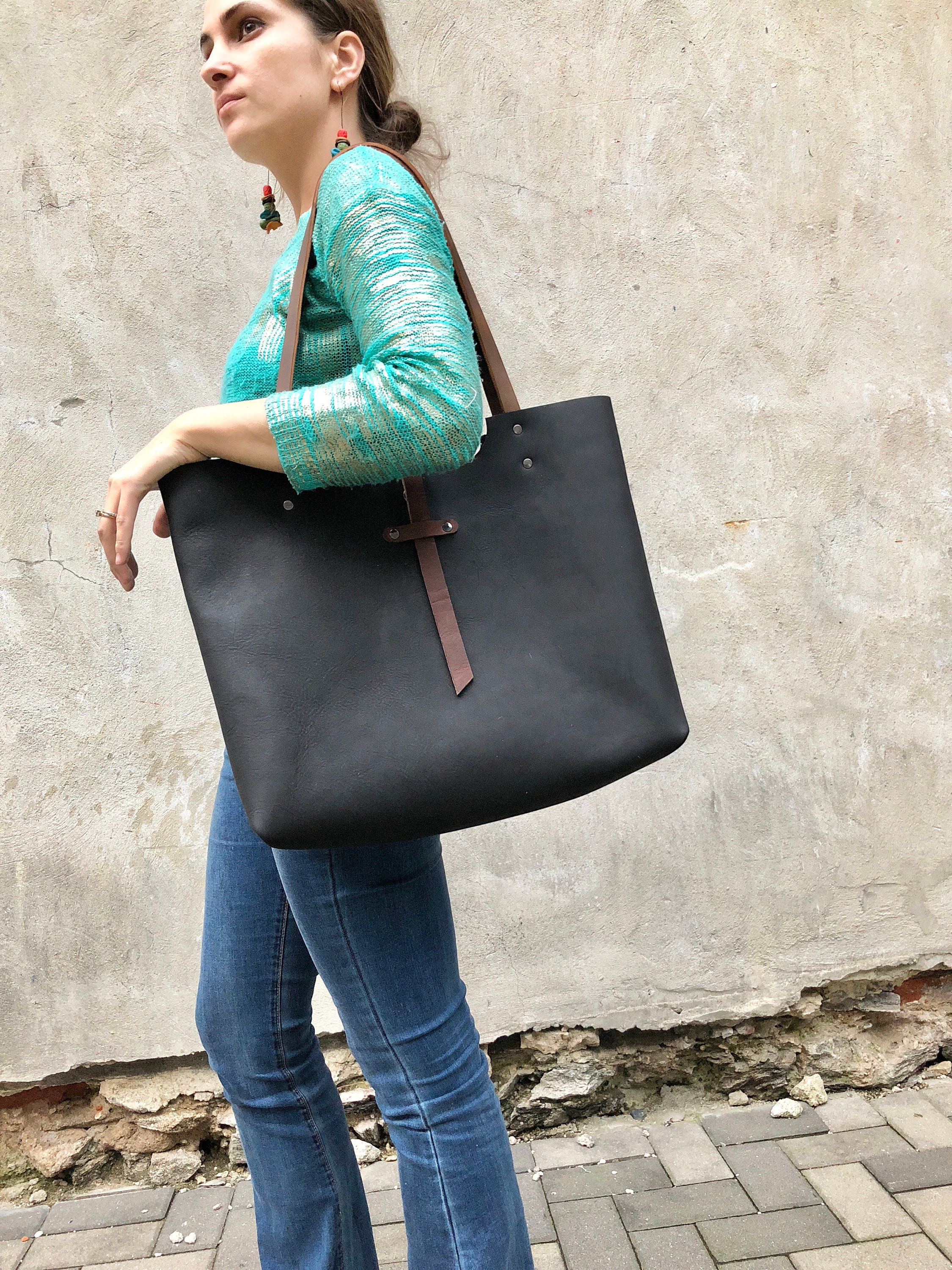 Large black leather tote Work and travel leather computer | Etsy