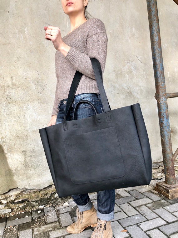 Extra Large Black Leather Tote Bag Oversized Work and Travel 