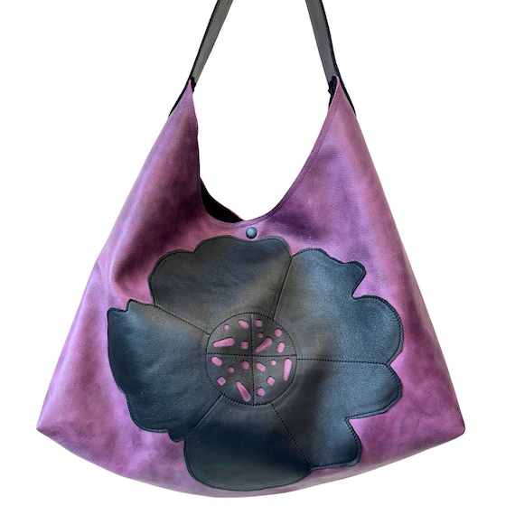 Large Purple Leather Hobo Bag: Handmade Flower Applique Shoulder Bag