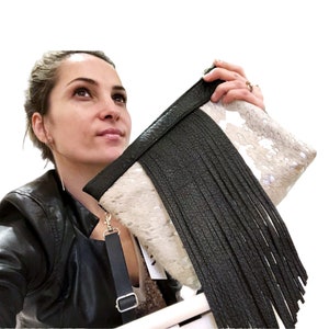 Handmade Leather Fringe Crossbody Bag: Black Envelope Satchel