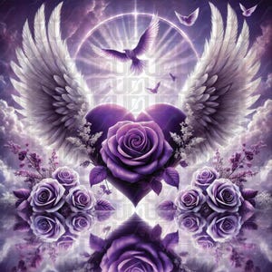 Cuore commemorativo, viola, download immediato PNG, sfondo ali rosa