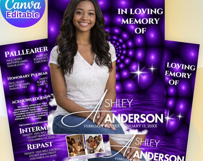 Purple Funeral Program Template | 8 Page Celebration of Life Program | Editable Canva Obituary Template | 17x11 Folded Memorial Program