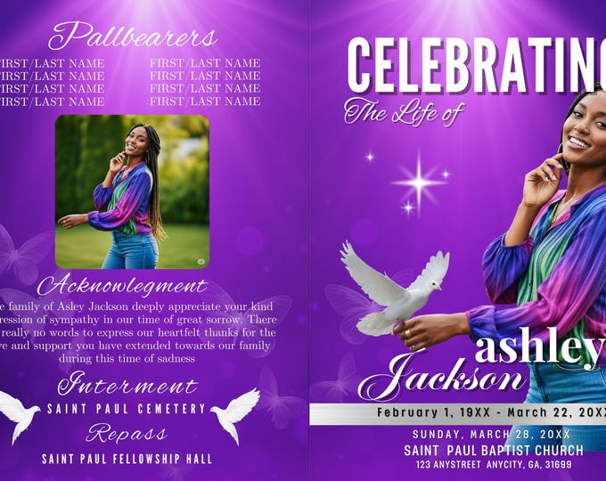 8 Page 11 x 17  Purple Funeral Program Template Bi-Fold Obituary Celebration of Life | Editable Canva Digital Download