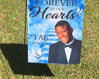 Bandeira de jardim personalizada com foto em memória de alguém, presente de condolências.