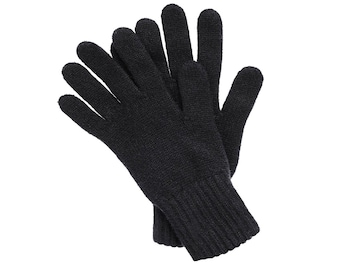 May include: A pair of black knit gloves. The gloves are made of a soft, warm material and have a ribbed cuff.