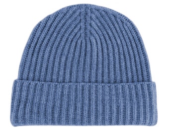 Women’s Ribbed 100% Cashmere Beanie Hat - Denim Blue - handmade in Scotland by Love Cashmere