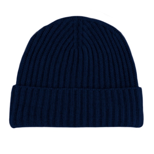 Mens Ribbed 100% Cashmere Beanie Hat - Navy Blue - handmade in Scotland by Love Cashmere