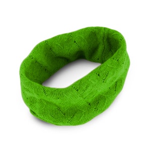 Women&#39;s Lace Cable 100% Cashmere Infinity Snood Scarf - Bright Green - hand made in Scotland by Love Cashmere
