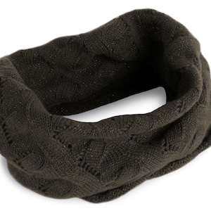 Women&#39;s Lace Cable 100% Cashmere Infinity Snood Scarf with Sparkling Lurex - Bison Sparkle - hand made in Scotland by Love Cashmere
