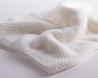 Unisex Super Soft 4 Ply Honeycomb 100% Cashmere Baby Blanket - 'White' - handmade in Scotland by Love Cashmere