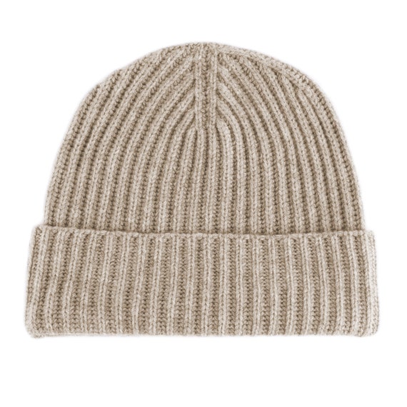 Mens Ribbed 100% Cashmere Beanie Hat - Light Natural  display picture 1