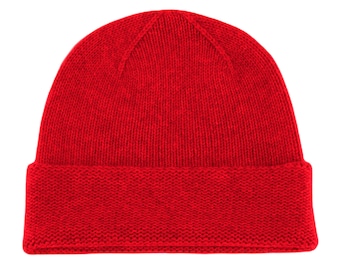 Mens 100% Cashmere Beanie Hat - Bright Red - handmade in Scotland by Love Cashmere