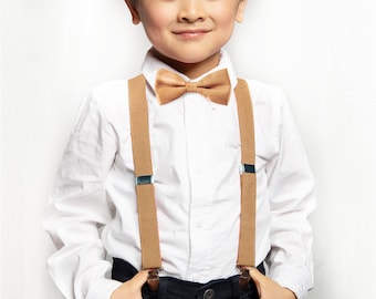 axy Beige Suspenders + Beige Bow Tie for Children / Boys - Groomsmen - Ring Bearer Outfit -photo-shooting - Birthday