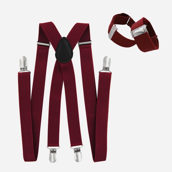 axy Bordeaux Bretelles avec Porte-Manches Set pour Hommes -Largeur 2,5 cm-4 Robuste Clip-X Forme Porte-Chemise porte-manches porte-bretelles Fête de Mariage