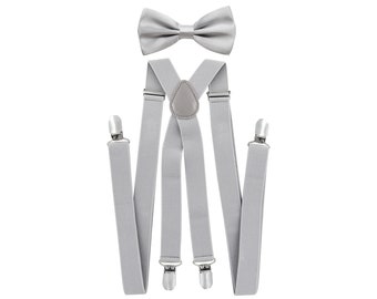 axy men's light gray suspenders + light gray bow tie - already tied - wedding groomsmen - photo shoot - birthday party