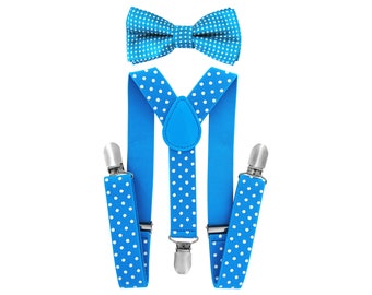 axy kids royal blue and white dots suspenders + bow tie - groomsmen - ring bearer outfit - photo shoot - birthday