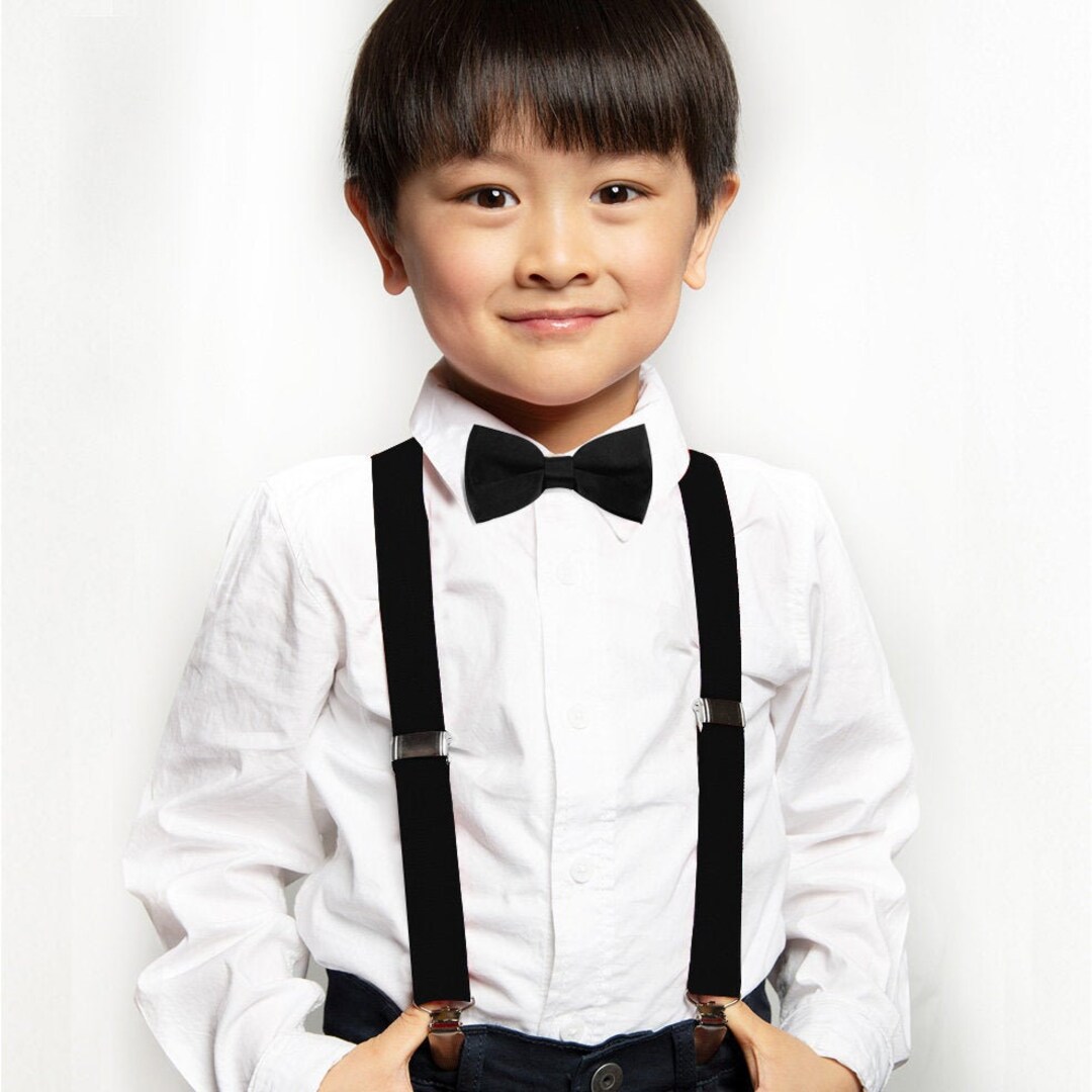 Axy Black Suspenders Black Bow Tie for Kids / Boys Groomsmen Ring Bearer Outfit photoshooting